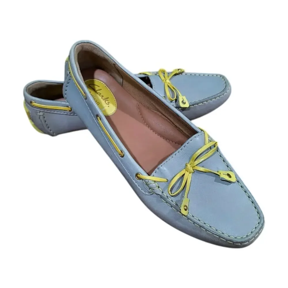Clarks Artisan Leather Driving Loafers with Bows, Gray and Yellow, Size 8.5
